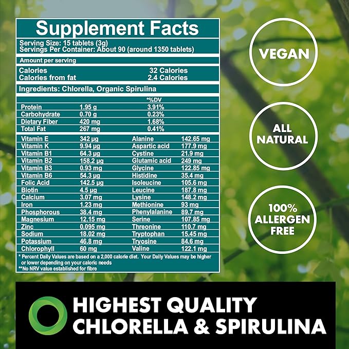 Fermented Chlorella & Spirulina Tablets, Chlorophyll, Green Superfood, Algae Supplement, Heavy Metal Detox, Immune Support, Broken Cell Wall, 1350 Tablets, Non-GMO, Vegan