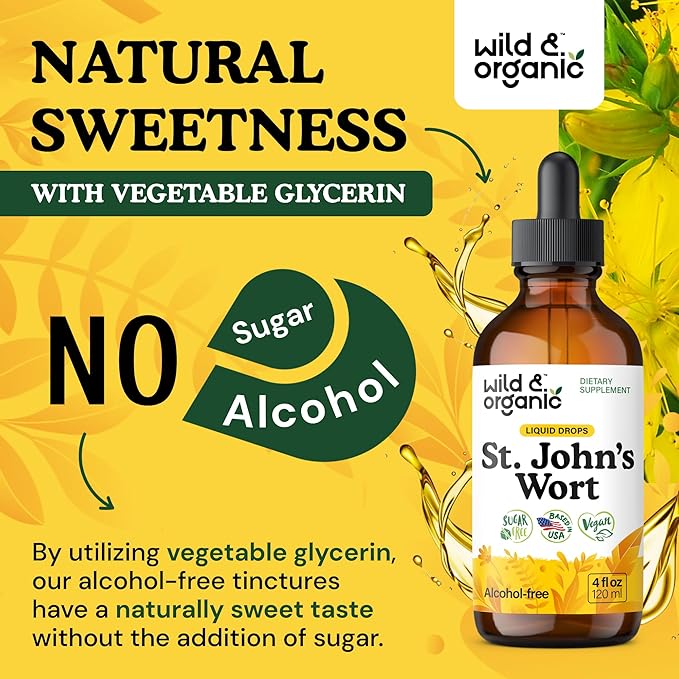 Wild & Organic St Johns Wort Tincture - Mood Support - Calming St John's Wort Supplement - Hypericum Perforatum Herbal Liquid Drops - Vegan, Sugar & Alcohol Free - 4 fl oz