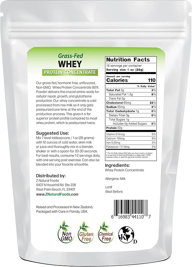Z Natural Foods Grass-Fed Whey Protein Concentrate - Clean Whey Protein Powder from New Zealand - Cold Processed Pure Whey Protein with Essential Amino Acids for Nutrition & Fitness, Unflavored, 1 lb
