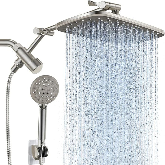 Veken 11.8'' Rain Brushed Nickel Shower Head with Handheld Spray Combo, Extension Arm for Rainfall Showerhead, Muti-modes Massage High Pressure Hand Held Shower Heads with Hose, Anti-Clog Nozzles