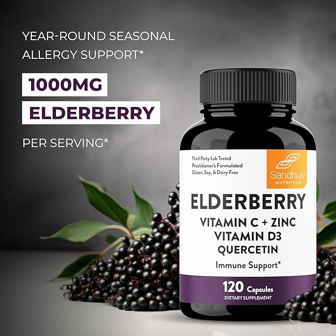 Sandhu's Elderberry Vitamin C Vitamin D3 Goldenseal with Zinc & Quercetin | Capsules for Men & Women | Supports Immune Health | 120 Count (Pack of 1)