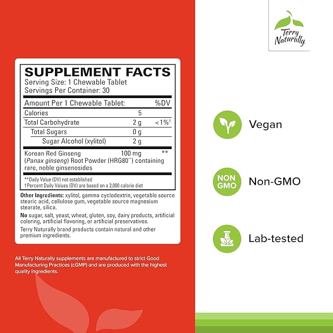 Terry Naturally HRG80 Red Ginseng Energy - Support Healthy Energy & Focus - Herbal Supplement with Korean Red Ginseng Root Powder - Tablets to Aid Healthy Endurance - 30 Chewable Tablets (Pack of 2)