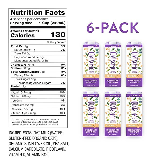 Oatsome Organic Oat Milk, 1-Liter Cartons, 6 Count, Regular, 202.86 Fl Oz (Pack of 2)