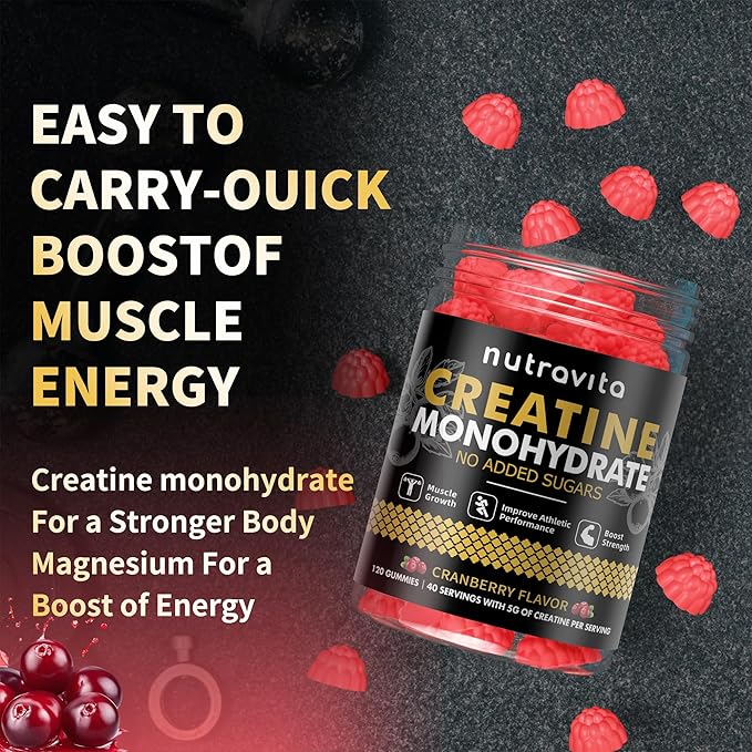 Creatine Monohydrate Gummies for Men & Women-5g of Creatine Monohydrate per Serving - Sugar Free,Vegan, Cranberry Flavor, 120 Count