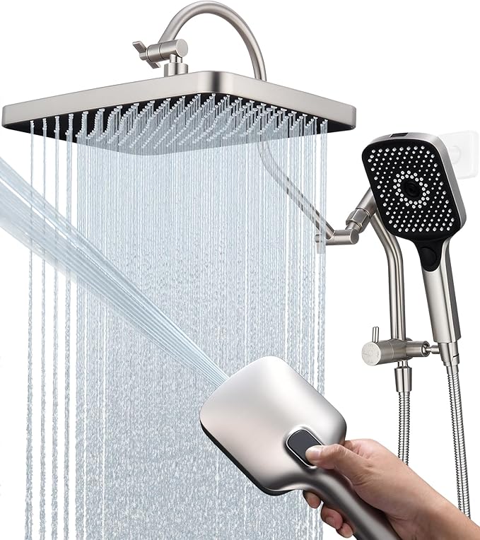 13 Inch Rainfall Shower Head with Multi-Function Handheld Sprayer Combo, 3-Way Metal Extended Diverter with Holder and Metal Adjustable Curved Shower Extension Arm, Extra Long Hose Brushed Nickel