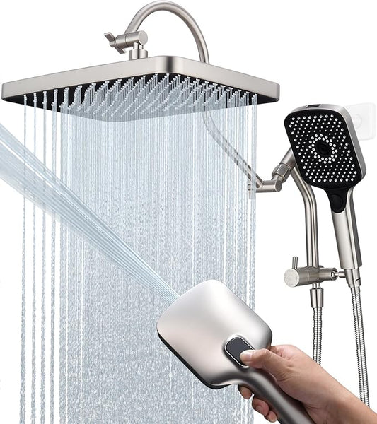 13 Inch Rainfall Shower Head with Multi-Function Handheld Sprayer Combo, 3-Way Metal Extended Diverter with Holder and Metal Adjustable Curved Shower Extension Arm, Extra Long Hose Brushed Nickel