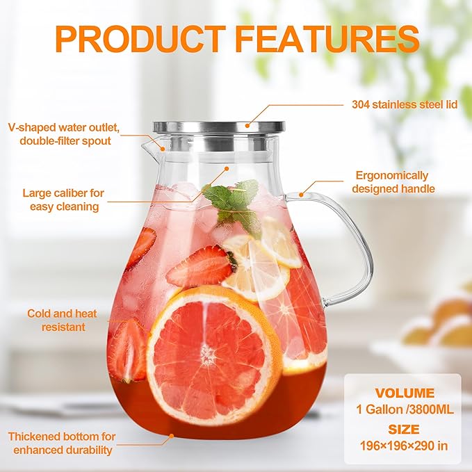 Glass Pitcher with Lid,1 Gallon Glass Water Pitcher Hot/Cold Water Jug, 128oz Juice and Iced Tea Beverage Carafe with Lid (Extra-Wide Mouth)