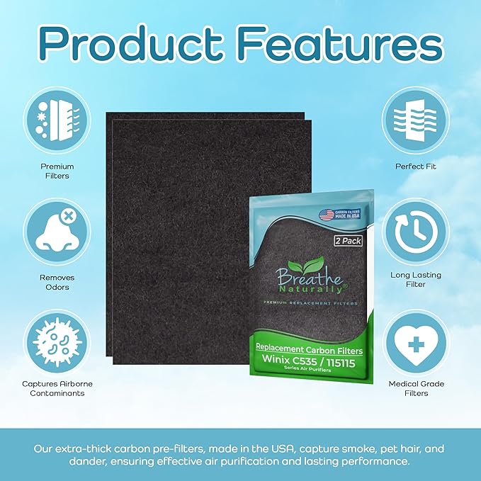 Breathe Naturally Replacement Filters Compatible with Winix C535, Plasmawave 5300, 6300 & Aeramax 300/290 Air Purifiers - Carbon Activated Filter - 12.5” x 16.25” x 0.2” (Pack of 2 Carbon Prefilters)
