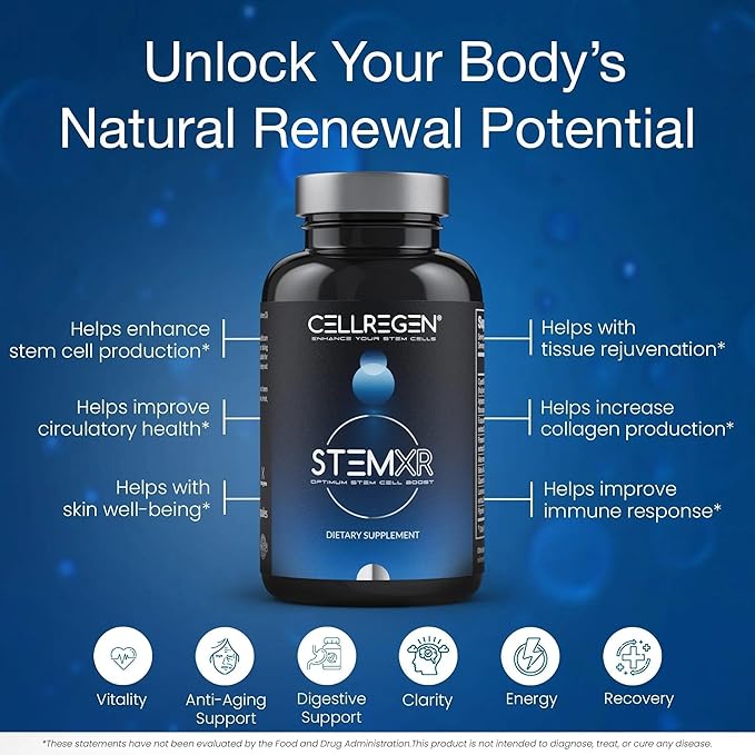 StemXR™ Stem Cell Activator & Circulation Booster – Stem Cell Supplement for Men & Women – Blue Green Algae, Longevity, Vitality, Anti-Aging, Energy & Performance Support – 90 Capsules