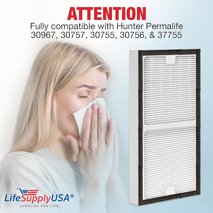 LifeSupplyUSA True HEPA Filter Replacement Compatible with Hunter Permalife 30967, 30757, 30755, 30756, 37755 Air Purifier