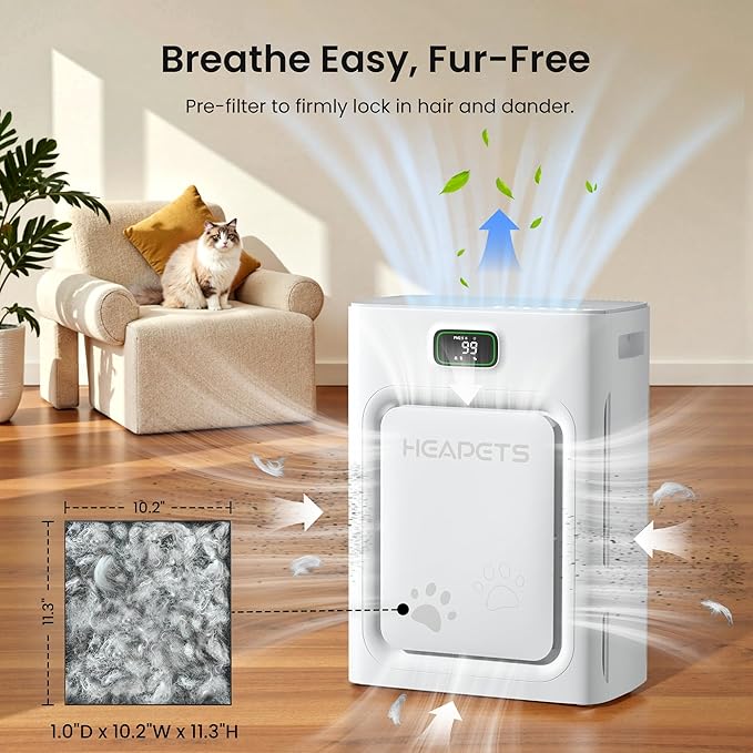 Pet Air Purifier for Home Large Room up to 2000 sq ft, H13 HEPA Double-Sided Air Filter Washable, Air Cleaner for Pet Hair Dander Odor Allergies Pollutant, PM2.5 Air Quality Monitor, Auto Mode, Grey