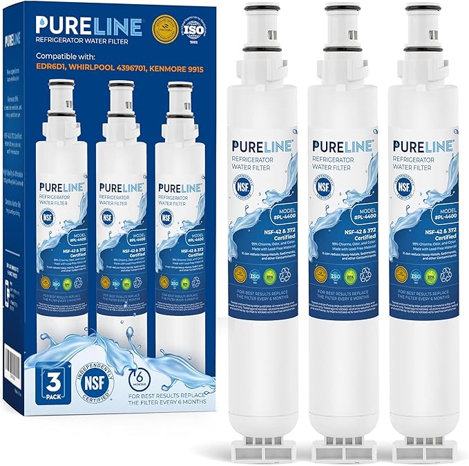 Pureline 4396701 Replacement for Kenmore 9915, 469915, Whirlpool EDR6D1, WF293, LC200V, SGF-W10, L200V, RWF1021, Filter 6, WFL200, 4396702, EFF-6001A - Reduces Bad Taste & Odor (3 Pack)