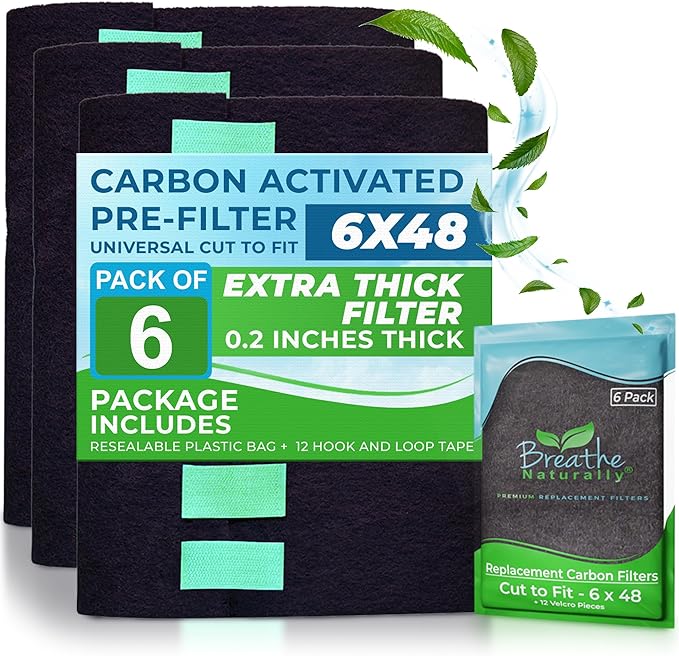 Breathe Naturally Universal 6x48 Cut-to-Fit Activated Carbon Filter (6 Pack) Charcoal Air Filter Sheet for Air Purifiers