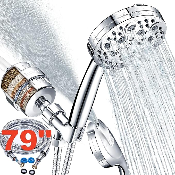 Filtered Shower Head Combo, Includes 79" Hose, 20 Stage Shower Filter Head, High Pressure Handheld Spray Showerhead, Shower Arm Mount Holder, for Hard Well Water Chlorine, Chrome (S60)