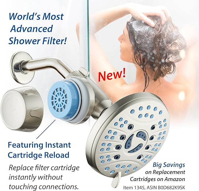 AquaCare Skin & Hair - World's Most Advanced Shower Filter for Fixed or Handheld Shower Heads with ON/OFF Filtration Modes, Instant Cartridge Reload & Stay-Clean Enriched KDF Cartridge/Satin Nickel