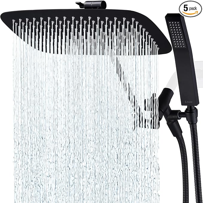 G-Promise All Metal 14 Inch Dual Square Shower Head with Handheld Spray Combo, Rain Shower Head, Adjustable Extension Arm, 3-Way Diverter, 71 Inch Extra Long Hose - A Bathroom Upgrade (Matte Black)