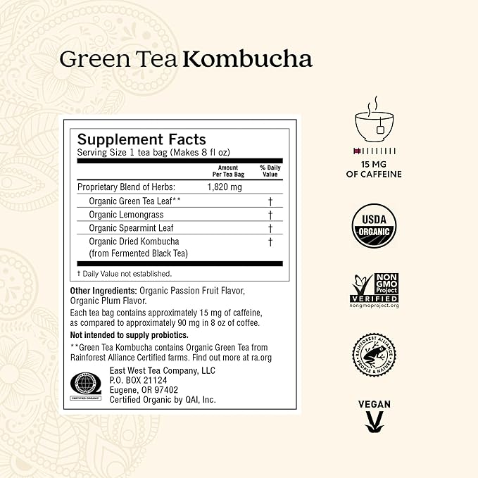 Yogi Tea Green Kombucha Tea - 16 Bags per Pack (4 Packs) - Organic - With Kombucha to Support Overall Health - Includes Lemongrass, Spearmint Leaf & More