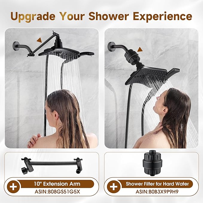 BRIGHT SHOWERS High Pressure Dual Shower Head Combo with Rainfall & Handheld, 4 Spray Settings, Tool-Free Installation, 60" Stainless Steel Hose, Matte Black