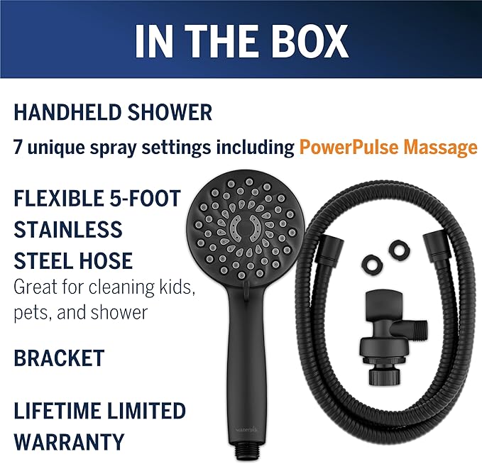 Waterpik High Pressure Hand Held Shower Head With Hose, PowerPulse Massage 7-Mode, Matte Black XPB-765ME