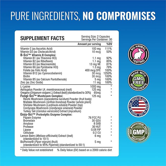 Approved Science Zosterex - Immune Support - L-Lysine 1000 mg, Vitamin B Blend, Mushroom Blend - 6 Month Supply