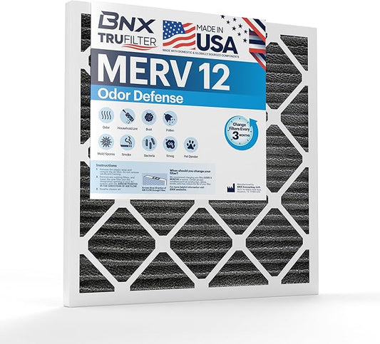 BNX TruFilter 16x24x1 MERV 12 Odor Defense (1-Pack) AC Furnace Air Filter with Activated Carbon - MADE IN USA - Pleated Air Conditioner HVAC AC Furnace Filters - Removes Odor, Mold, Bacteria, Smoke