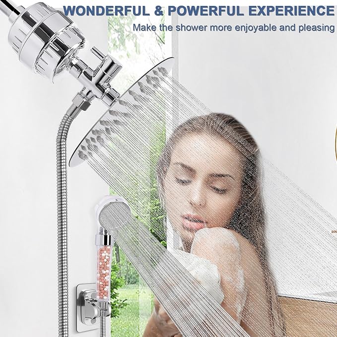 HarJue Filter Shower Head, High Pressure 8 Inch Rainfull with Filter Combo for Hard Water, Remove Chlorine Fluoride and Harmful Substances- 1 Replaceable Filter Cartridge (Round, Chrome)