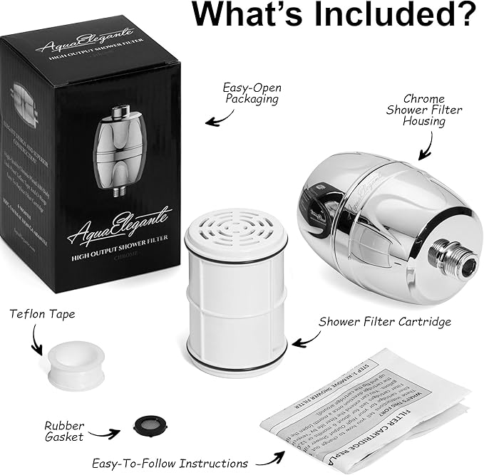 Aqua Elegante Shower Water Filter For Showerhead - Universal Shower Head Filters To Remove Chlorine & Hard Minerals - Bath Purifier And Filtered Softener System Best With Activated Charcoal - Chrome