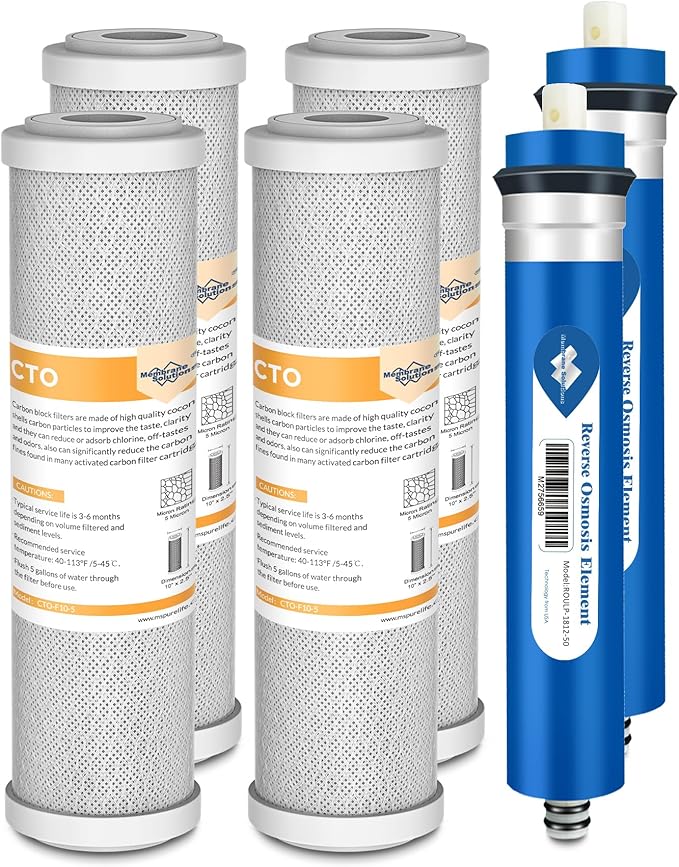 Membrane Solutions FX12P FX12M Replacement Water Filters Compatible with GE GXRM10RBL GXRM10G, 50 GPD RO Membrane and 10 inch x 2.5 inch Carbon Water Filter Cartridge Combo Pack