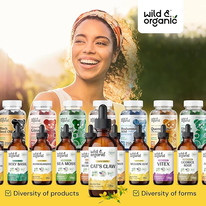 Wild & Organic Cats Claw Tincture - Immune Support Supplement - Liquid Cats Claw Supplement - Vegan, Sugar & Alcohol-Free Bark Extract Drops - 2 fl oz
