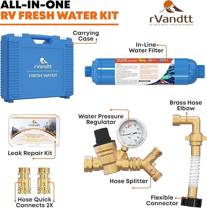 RV Fresh Water Kit - RV Water Pressure Regulator, Inline Water Filter, Hose Splitter, Brass Elbow, Flexible Connector, Hose Quick Connects, Leak Repair Kit, and Carrying Case