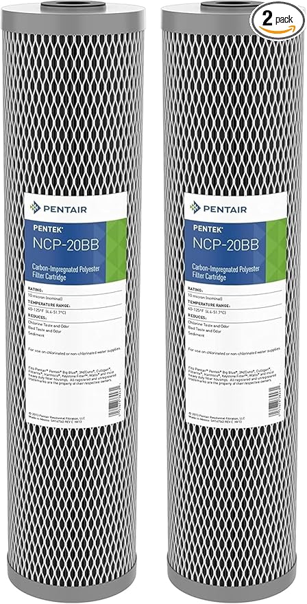 Pentair Pentek NCP-20BB Big Blue Carbon Water Filter, 20-Inch, Whole House Non-Cellulose Carbon Impregnated Pleated Filter Cartridge, 20" x 4.5", 10 Micron, Pack of 2