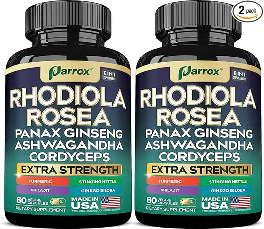 Rhodiola Rosea Panax Ginseng Ashwagandha Cordyceps Mushroom Turmeric Ginkgo Biloba Stinging Nettle Adaptogen Blend Supplement Capsules for Daily Wellness Support (2 Pack)