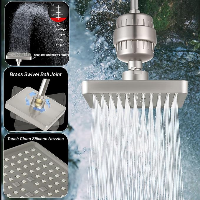 Voolan Filtered Shower Head - 20 Stage Luxury Rain Shower Filter For Hard Water for Remove Chlorine and Harmful Substances - 6" Square High Pressure Rainfall Showerhead (Brushed Nickel)
