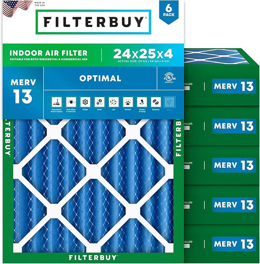 Filterbuy 24x25x4 Air Filter MERV 13 (MPR 1900) Health Defense Replacement (6-Pack), Electrostatic Pleated HVAC AC Furnace Filters, Made in USA (Actual Size: 23.75 x 24.75 x 3.63)