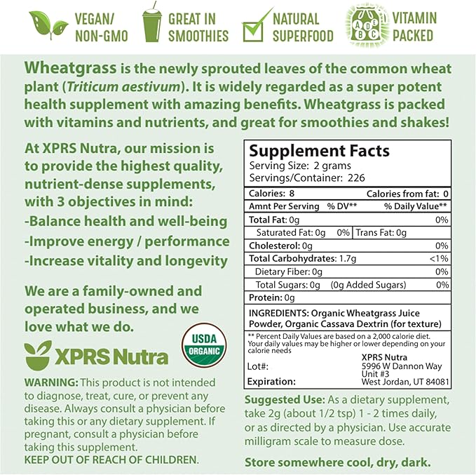 XPRS Nutra Organic Wheatgrass Juice Powder - Sustainably Grown - Instant Wheat Grass Juice Powder Made from Concentrated Juice - More Potent Than Organic Wheatgrass Powder - 16 Ounce