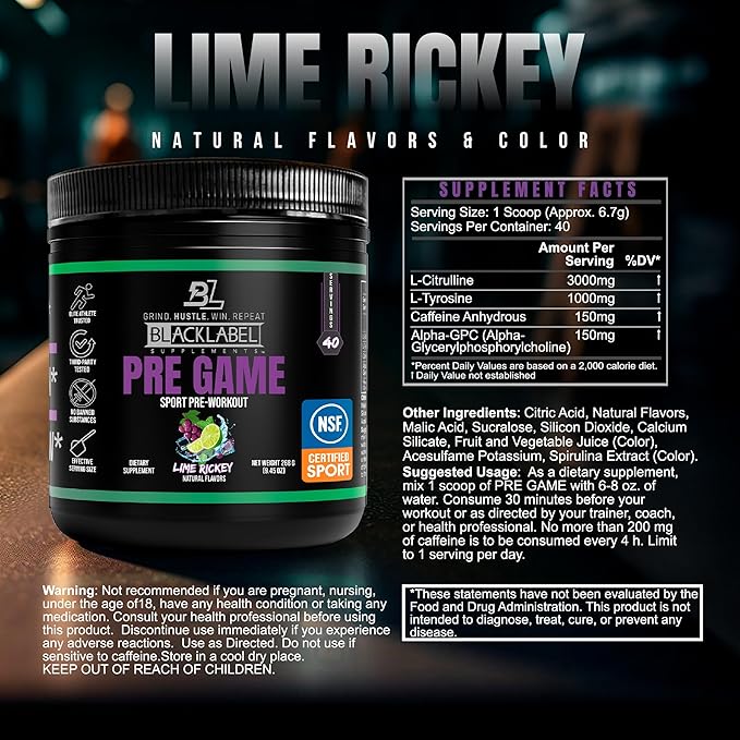 BLACKLABEL Supplements PRE-Game Pre Workout Powder, Lime Rickey (40 Servings) – NSF Certified for Sport – Customizable 150mg Caffeine for Energy and Focus – Low-Stimulant Pre Workout for Men and Women