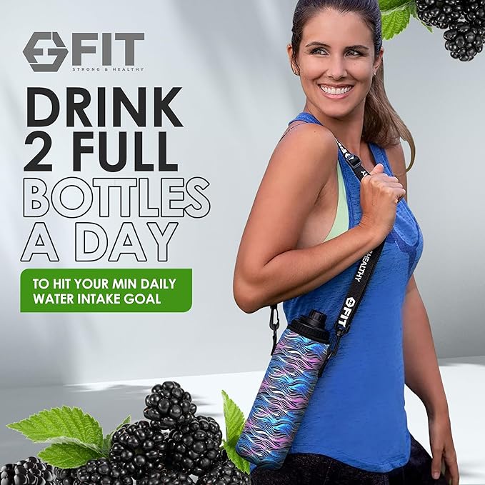 FIT Strong & Healthy 32 oz Glass Water Bottle with Straw Lid, Time Marker, Sleeve & Extra Lid - Motivational, Wide Mouth 1 Liter Glass Drinking Bottle