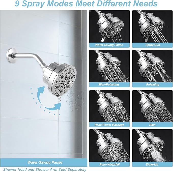 OFFO Filtered Shower Head, 20 Stage Shower Filter Head for Hard Water with Pause Mode, 9 Modes High Pressure Shower Head with Filter for Remove Chlorine and Harmful, Chrome