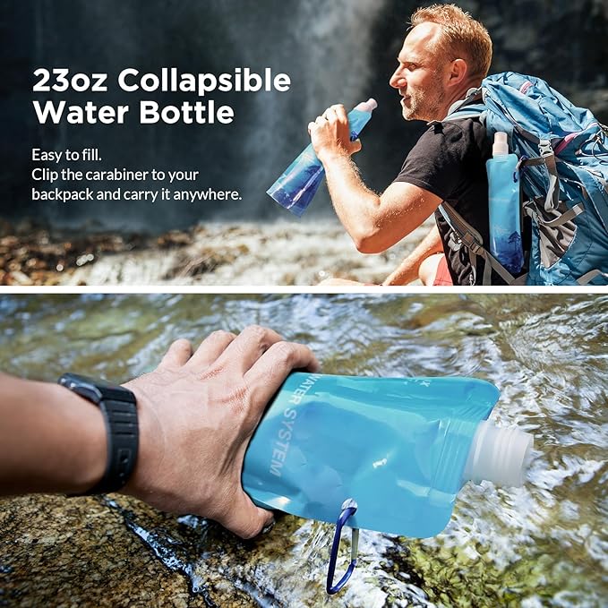 Membrane Solutions Squeezable Water Filtration System, Survival Water Purifier Kit, Portable Backpacking Gear Including Water Filter Straw and 23oz Collapsible Bottle for Hiking Camping Travel(4+4)