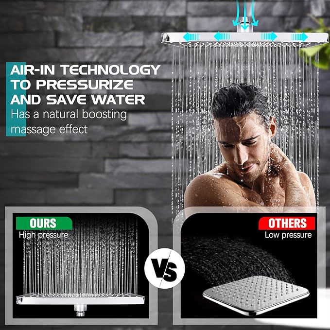 Shower Head 14'' High Pressure Rain Shower Head Combo, Filtered Handheld with 10 Water Spray, 3-Way Diverter Extension Arm Rainfall Showerhead, Adjustable Shower head with Anti-Clog Nozzles