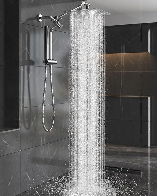Veken Shower Head, 10'' All Metal Rain Shower Heads with Handheld Spray Combo, Hand Held Bathroom Combo with Extension Arm, Dual shower with Power Wash, Adjustable Rainfall Showerhead, Chrome