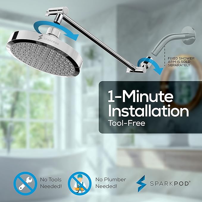 SparkPod Round Rain Shower Head with Shower Head Extension Arm - High Pressure Rain - Luxury Modern Look - No Hassle Tool-less 1-Min Installation (16" Shower Arm Extension, Luxury Polished Chrome)