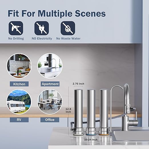 Frizzlife TS99 Countertop Water Filter System, 9-Stage Stainless Steel Faucet Water Filtration, 0.5 Micron NSF Certified Elements Reduces 99.99% Lead, Chlorine, Heavy Metals, Bad Taste & Odor