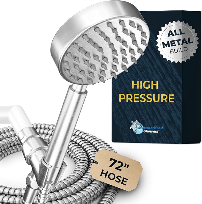 HammerHead Showers® Solid Metal Handheld Shower Head with Hose and Brass Holder - BRUSHED NICKEL - 2.5 GPM High Pressure Shower Heads with Adjustable Shower Wand Bracket - 6ft Flexible Extension
