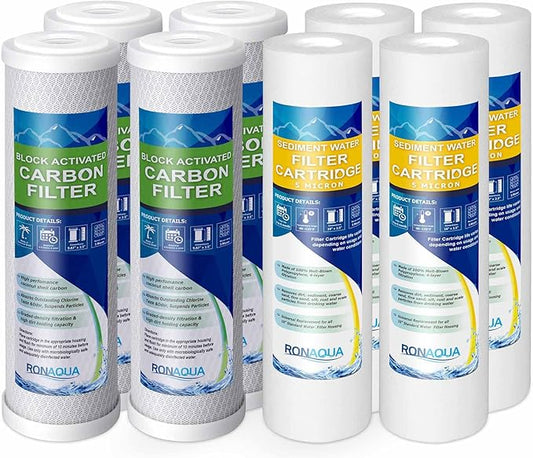 4 Standard Coconut Shell Block Carbon & 4 Four Layers of Filtration Polypropylene Sediment 5 Micron 2.5"x 10" Water Filter Cartridges Universal replacement for Reverse Osmosis & Standard 10” Housing
