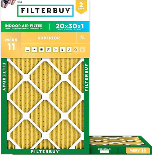 Filterbuy 20x30x1 Air Filter MERV 11 (MPR 1200) Allergen Defense Replacement (2-Pack), Electrostatic Pleated HVAC AC Furnace Filters, Made in USA (Actual Size: 19.63 x 29.63 x 0.75)