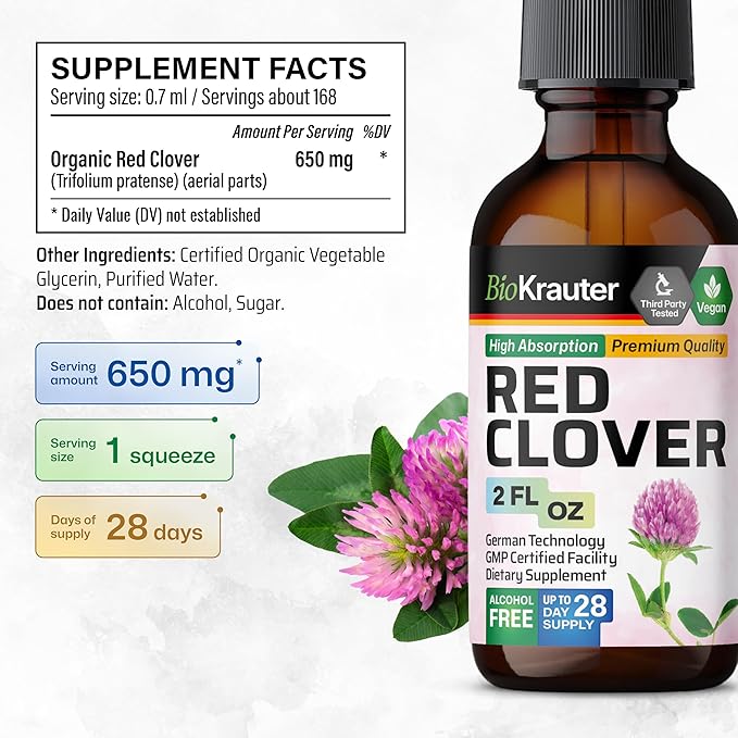 BIO KRAUTER Red Clover Tincture - Red Clover Extract - Liquid Supplement for Women's Support - Alcohol and Sugar Free - Vegan Drops 2 Fl.Oz.