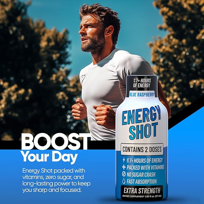Energy Shot – 2 Servings – 100% DV B-Vitamins & 130mg Plant-Based Caffeine – Zero Calories, Sugar-Free, Vegan, Non-GMO – Energy & Productivity Support (1.93 Fl Oz (Pack of 8), Blue Raspberry)