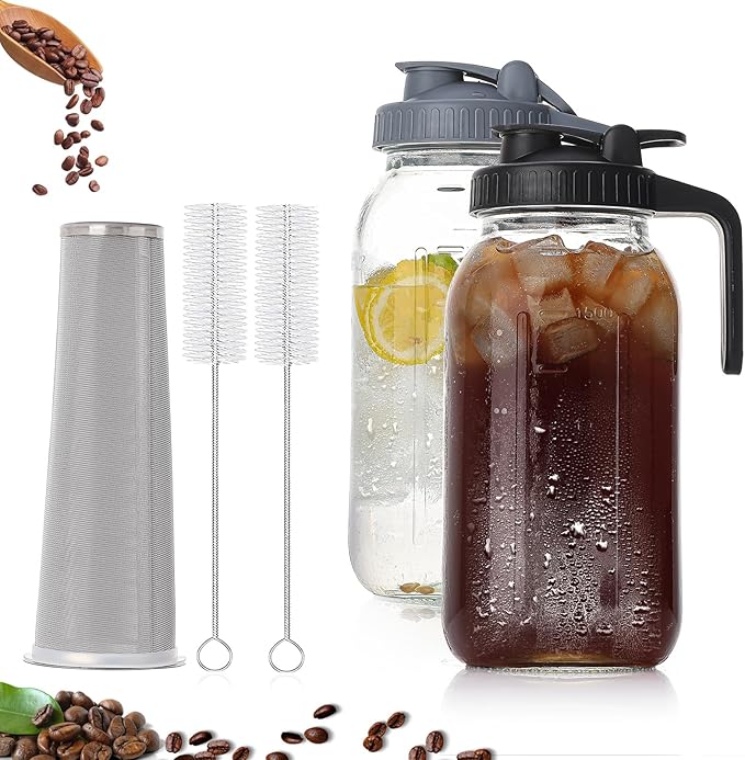 2 Quart Glass Pitcher with Lid for Fridge, Cold Brew Coffee Maker 64 oz, 2 Pack Airtight Leakproof Iced Tea Pitcher with Stainless Steel Filter, New Years Gifts for Friends (Black & Gray)