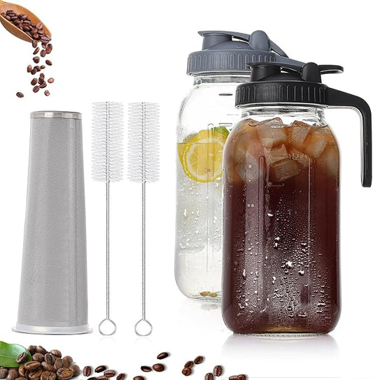 2 Quart Glass Pitcher with Lid for Fridge, Cold Brew Coffee Maker 64 oz, 2 Pack Airtight Leakproof Iced Tea Pitcher with Stainless Steel Filter, New Years Gifts for Friends (Black & Gray)